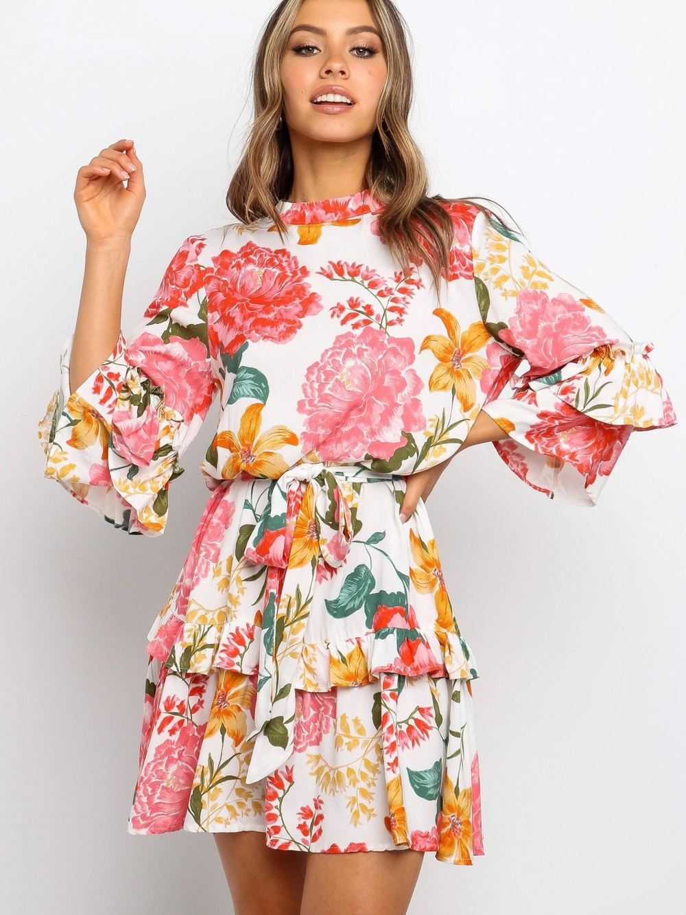 Floral Ruffle Tiered Mini Dress - White with Pink & Yellow Bloom